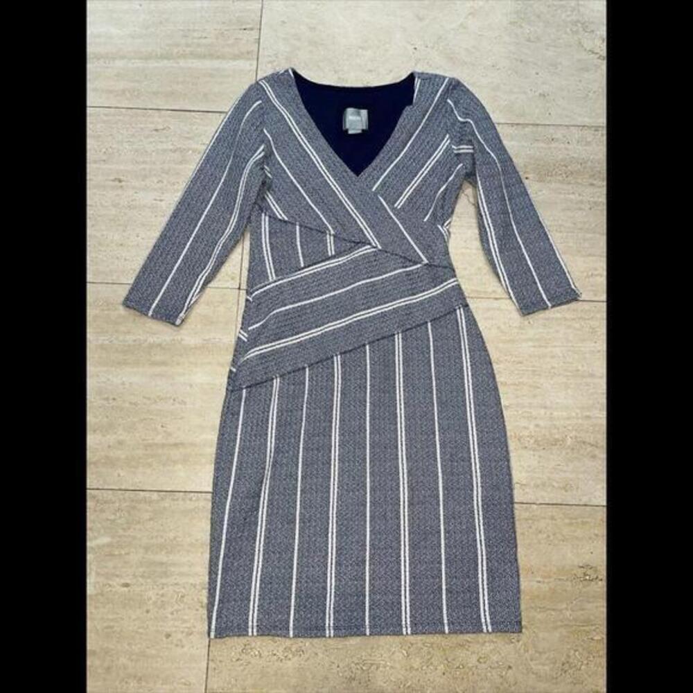 Maeve Anthropologie Dark Blue & White Striped Faux Wrap Dress,‎ Size XS
